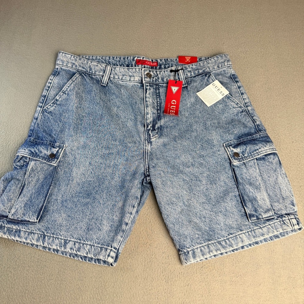 Guess Los Angeles Mens Acid Wash Denim Cargo Shorts Blue Size 36 NWT